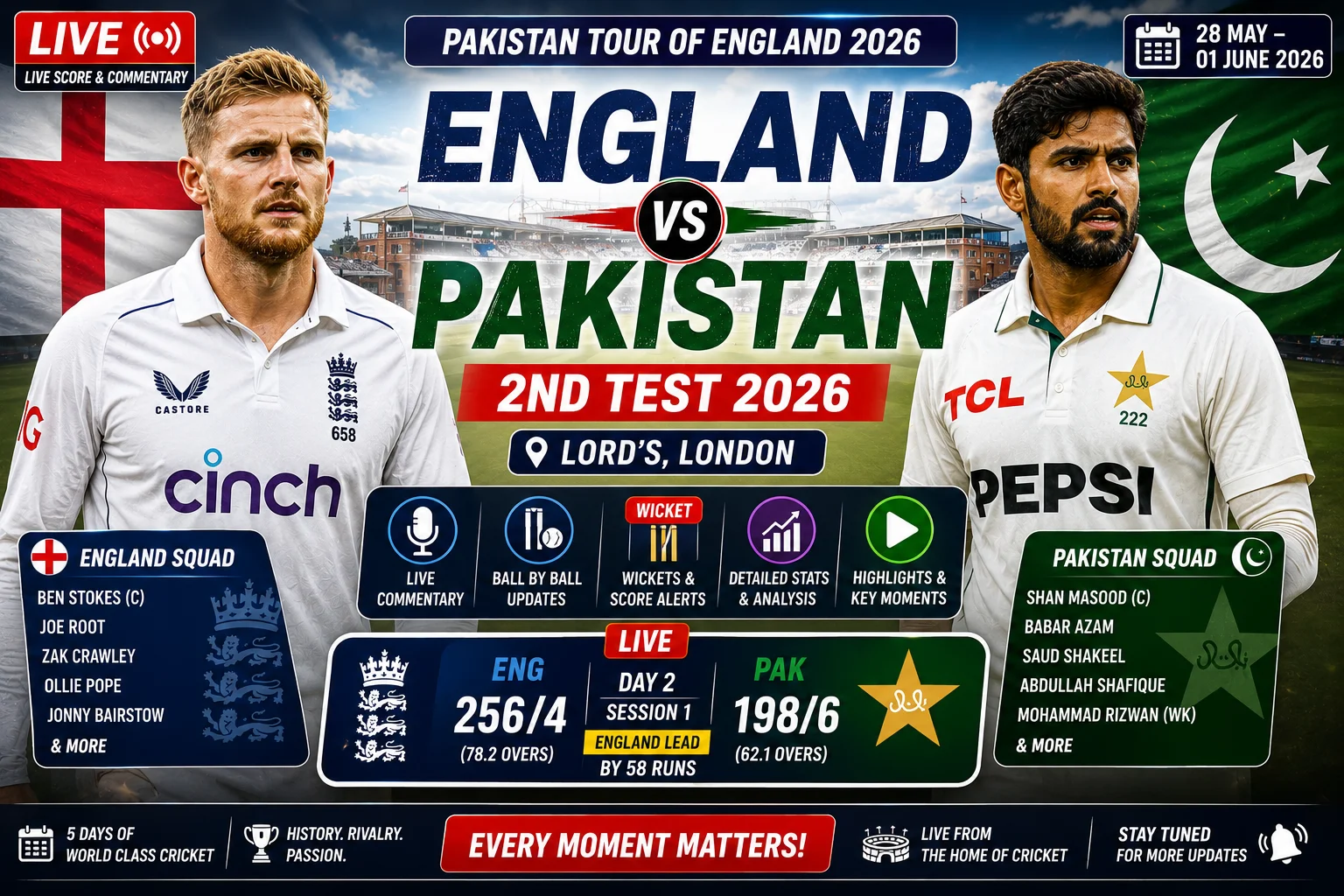 England vs Pakistan 2nd Test 2026 Live Score
